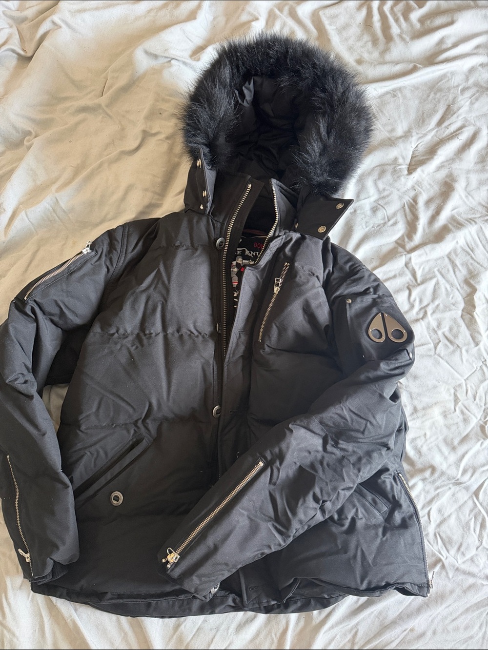 Moose Knuckles Black Men's Fur-Trim Hooded Puffer